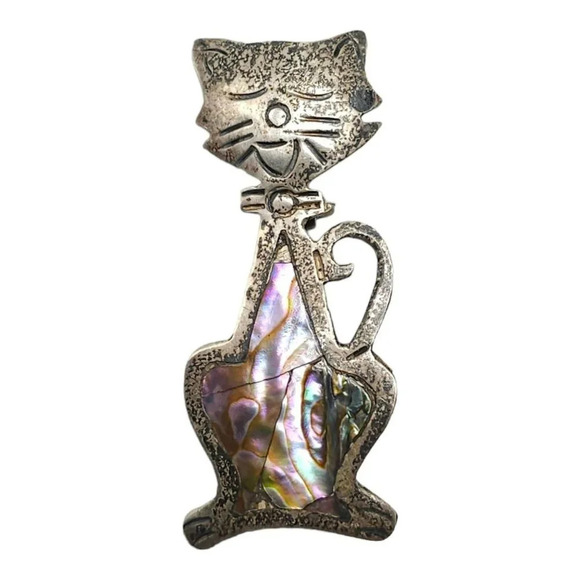 Abalone Shell Cat Sterling Silver Taxco Mexico Brooch Pin Vintage - Picture 1 of 4
